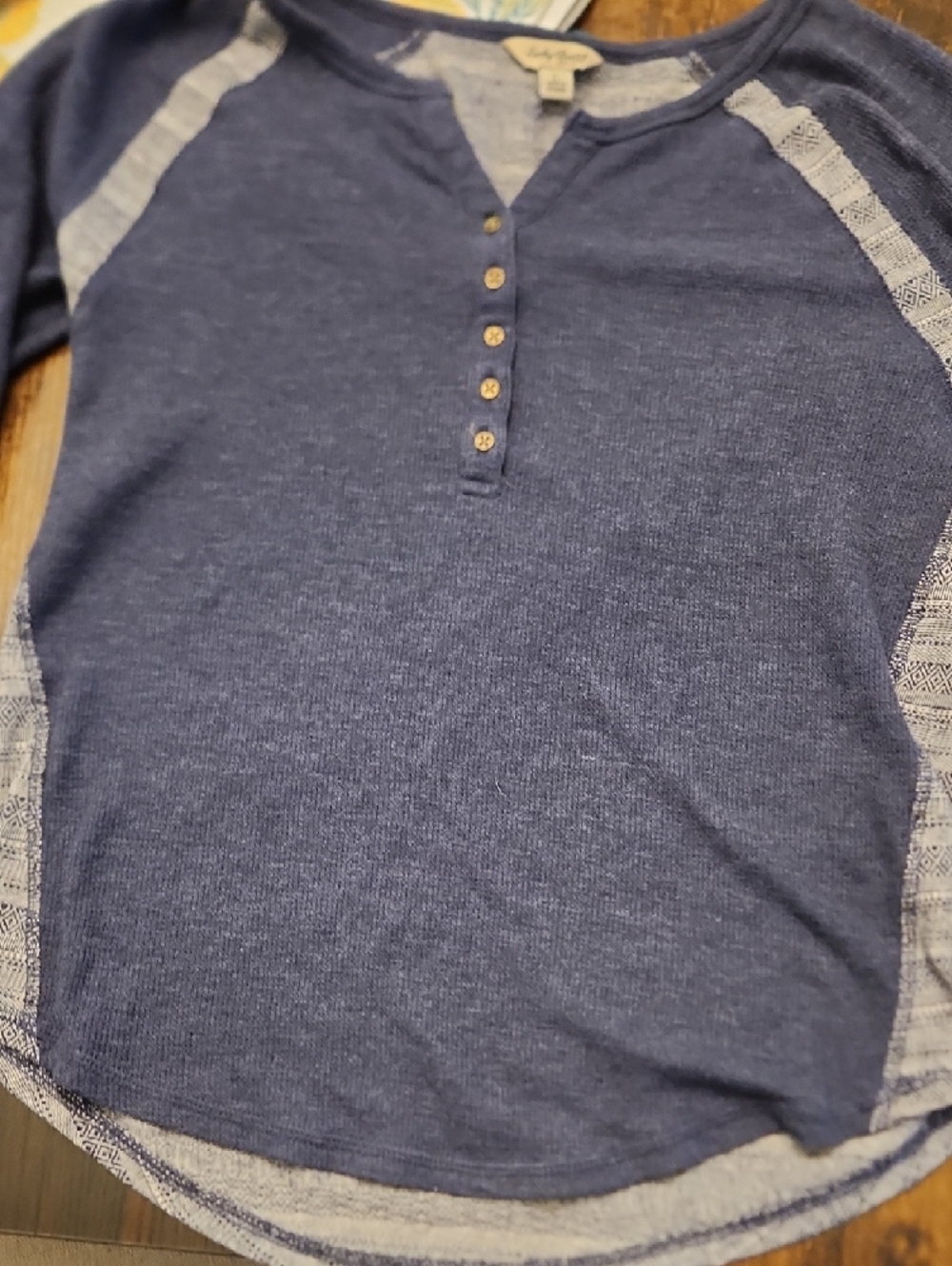 Lucky Brand Navy Henley with Patterned Side Panels - Picture 4 of 6